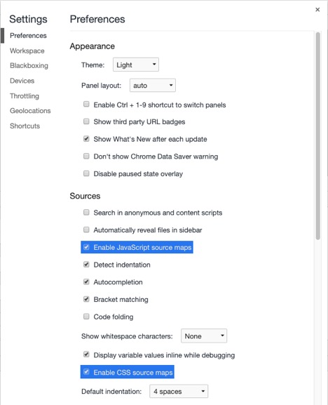 Google Chrome DevTools preferences tab